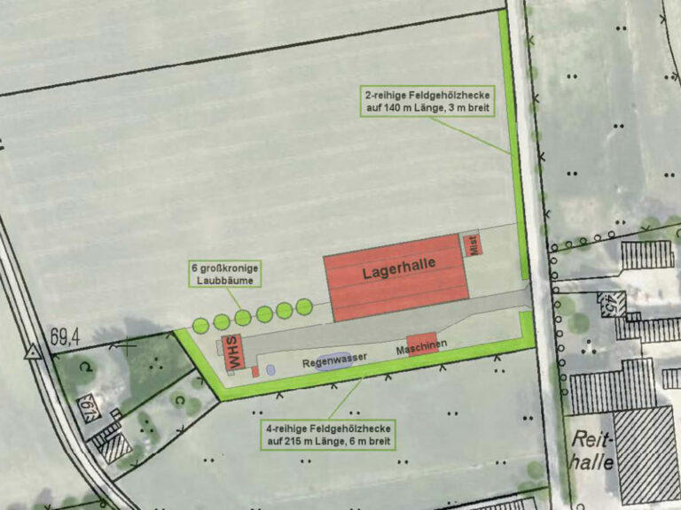 Beispiel eines Lageplans mit Bauvorhaben und Ausgleichsmaßnahmen