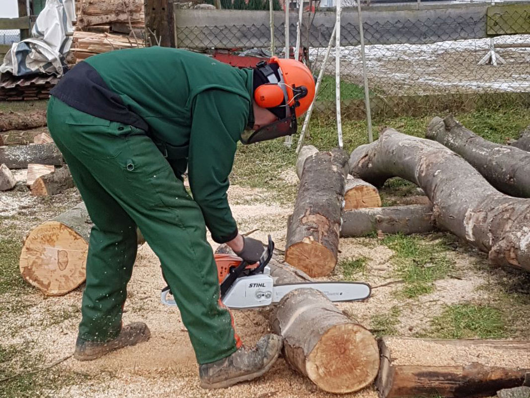 Ein Mitarbeiter des Maschinenrings Höxter beim Holz sägen.