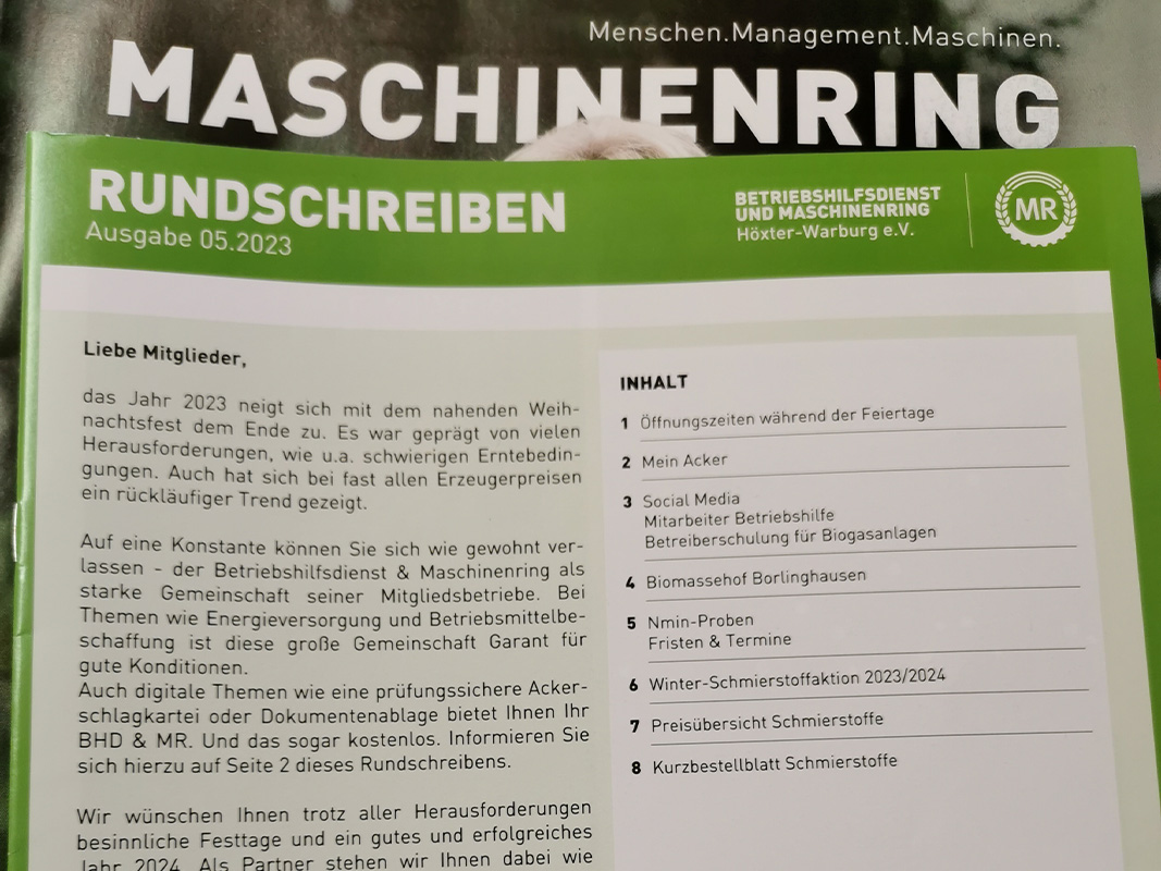 Bald kommt das neue Rundschreiben für die Mitglieder des Maschinenrings.